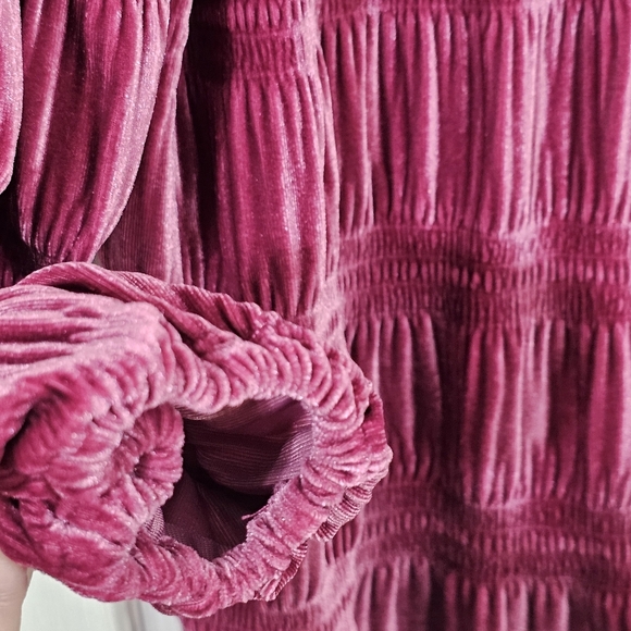 Bibi Women’s Metallic Pink Velvet Button Down Shirt Ruched Long Sleeve Sz Small - Picture 9 of 14